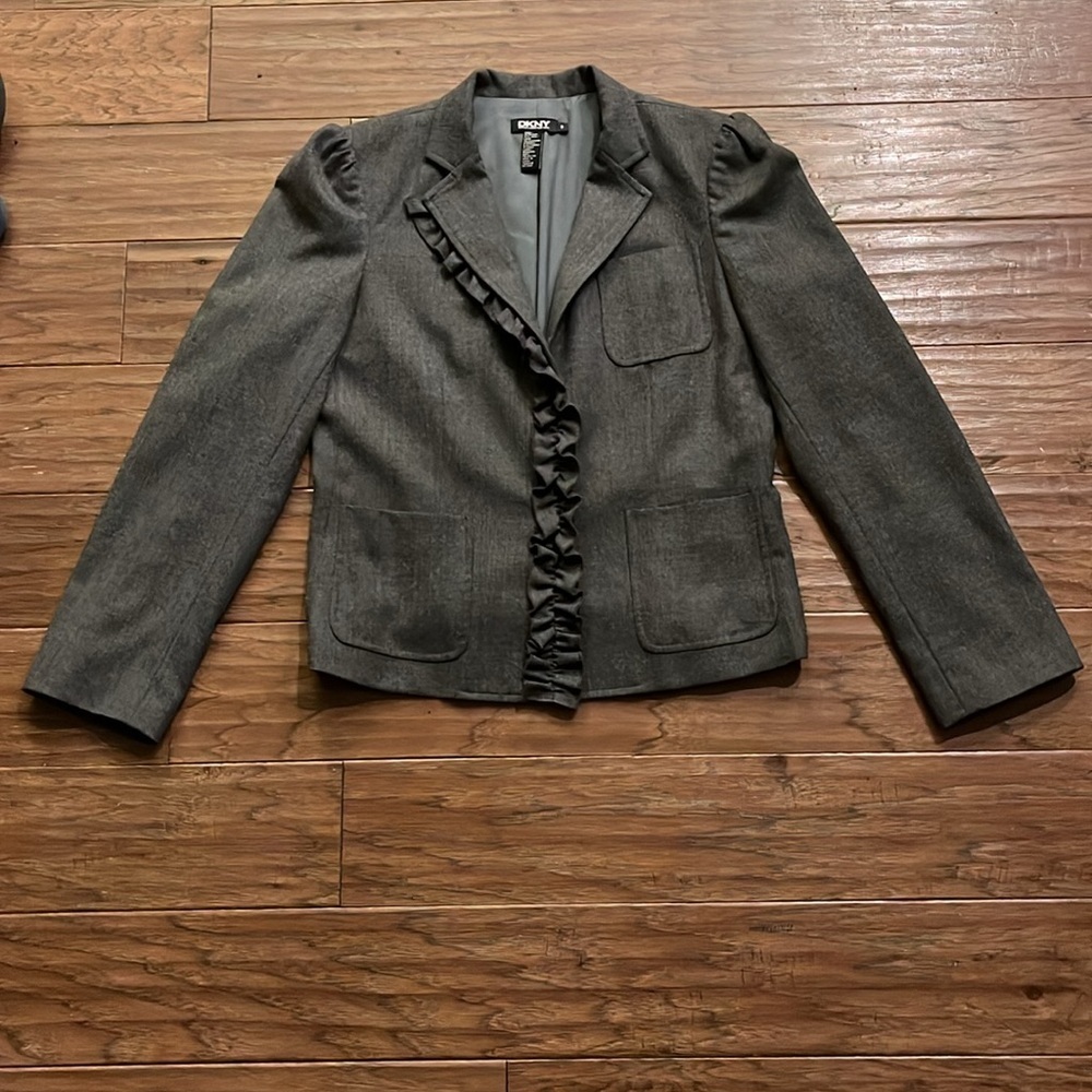 DKNY Ruffle Front Structured Gray Wool Blazer Size 8